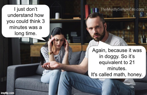 equivalent to 21 mins | image tagged in funny,couple arguing,dogs,mansplaining,animals,pets | made w/ Imgflip meme maker