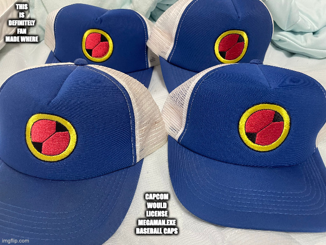MegaMan.EXE Trucker Caps | THIS IS DEFINITELY FAN MADE WHERE; CAPCOM WOULD LICENSE MEGAMAN.EXE BASEBALL CAPS | image tagged in megaman,megaman battle network,memes | made w/ Imgflip meme maker
