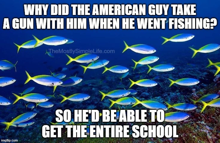fishing | image tagged in dark humor,funny,fish,american,guns,school shootings | made w/ Imgflip meme maker