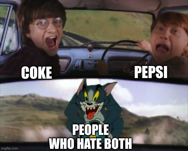 Tom chasing Harry and Ron Weasly | PEPSI; COKE; PEOPLE WHO HATE BOTH | image tagged in tom chasing harry and ron weasly | made w/ Imgflip meme maker