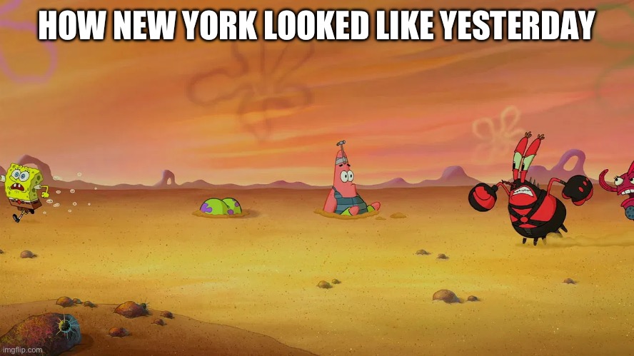It was scary | HOW NEW YORK LOOKED LIKE YESTERDAY | image tagged in post apocalypse spongebob | made w/ Imgflip meme maker