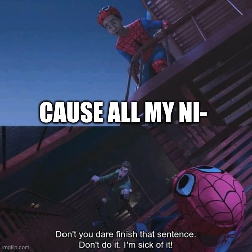 Don't you dare finish that sentence | CAUSE ALL MY NI- | image tagged in don't you dare finish that sentence | made w/ Imgflip meme maker