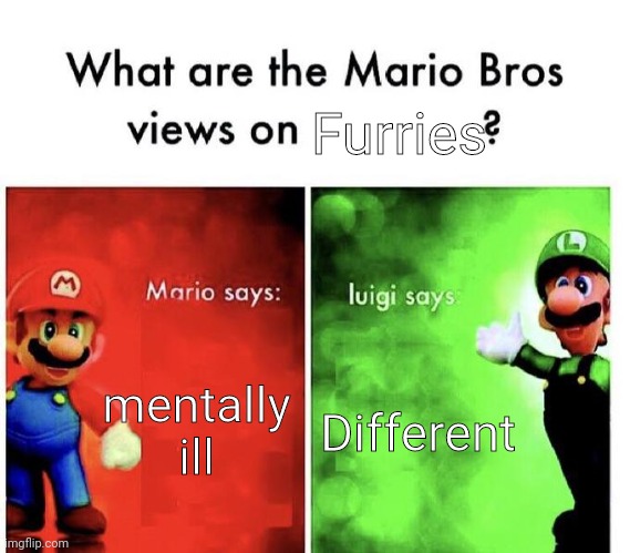Mario Bros Views | Furries; mentally ill; Different | image tagged in mario bros views | made w/ Imgflip meme maker