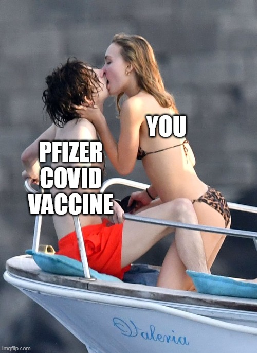 loving the vaccine | YOU; PFIZER
COVID
VACCINE | image tagged in timothee chalamet and lily rose depp kissing | made w/ Imgflip meme maker