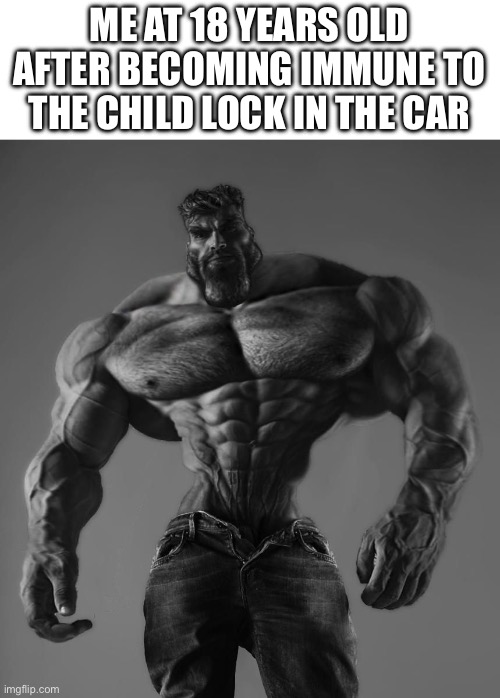 UNLIMITED POWER | ME AT 18 YEARS OLD AFTER BECOMING IMMUNE TO THE CHILD LOCK IN THE CAR | image tagged in gigachad,jokes | made w/ Imgflip meme maker