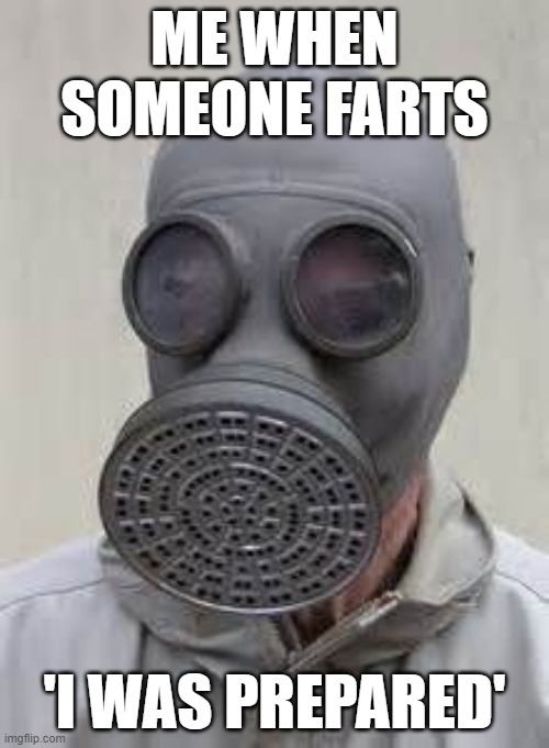 fart meme | ME WHEN SOMEONE FARTS; 'I WAS PREPARED' | image tagged in gas mask | made w/ Imgflip meme maker