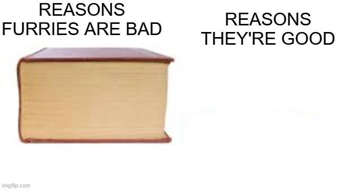 it's true | REASONS FURRIES ARE BAD; REASONS THEY'RE GOOD | image tagged in big book small book,books,anti furry | made w/ Imgflip meme maker