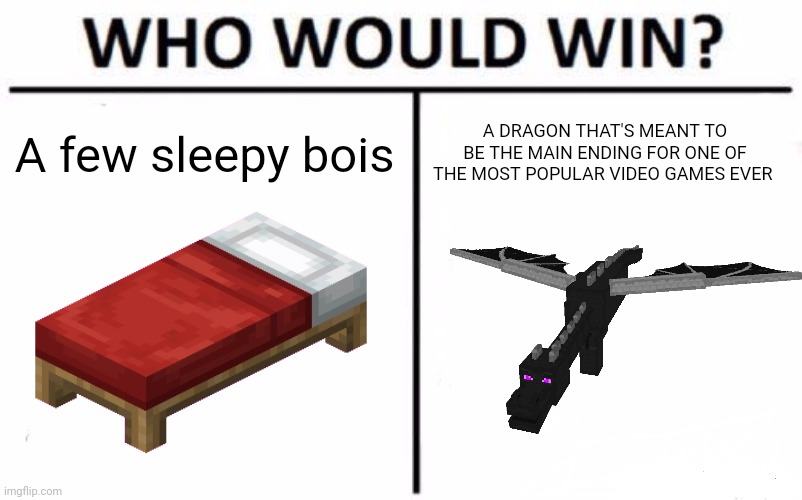 Speedruners: sleepy bois | A few sleepy bois; A DRAGON THAT'S MEANT TO BE THE MAIN ENDING FOR ONE OF THE MOST POPULAR VIDEO GAMES EVER | image tagged in memes,who would win | made w/ Imgflip meme maker