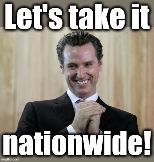 Scheming Gavin Newsom  | Let's take it nationwide! | image tagged in scheming gavin newsom | made w/ Imgflip meme maker