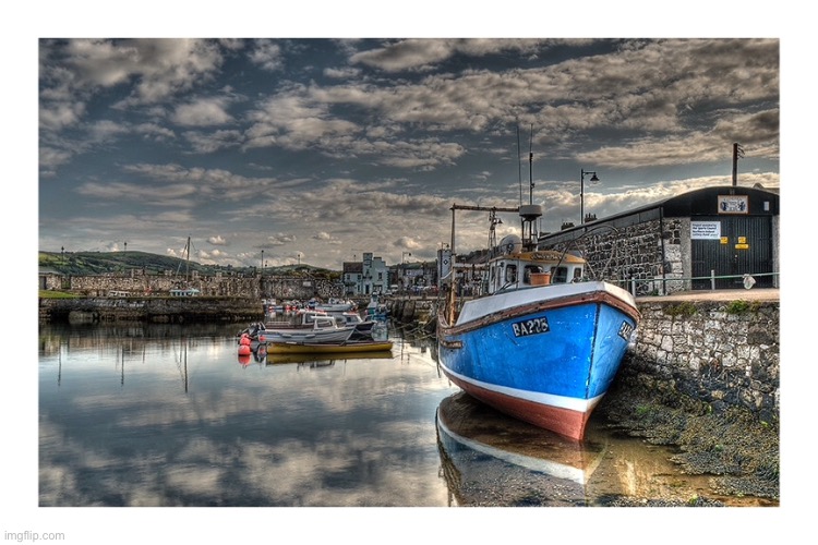 Carnlough Harbour | image tagged in fishing harbour,carnlough county antrim,east coast,antrim,blue boat | made w/ Imgflip meme maker