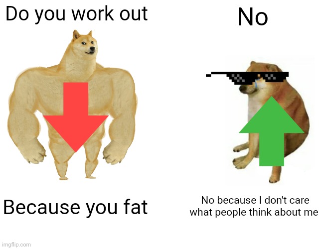 DOGE | Do you work out; No; Because you fat; No because I don't care what people think about me | image tagged in memes,buff doge vs cheems | made w/ Imgflip meme maker