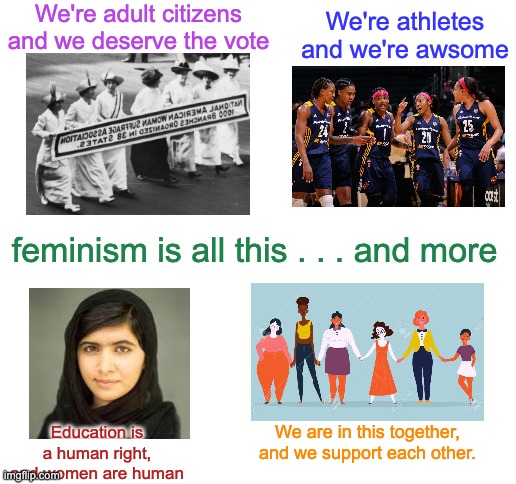 You don't need to be afraid of feminism (air kisses to all you mansplainers!) | We're adult citizens and we deserve the vote; We're athletes
and we're awsome; feminism is all this . . . and more; Education is a human right, and women are human; We are in this together, and we support each other. | image tagged in blank white template,women,feminism | made w/ Imgflip meme maker
