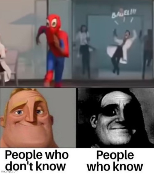 Extremely creative image title | image tagged in spider-verse meme,bagels,people who don't know vs people who know,mr incredible becoming uncanny,memes,funny | made w/ Imgflip meme maker