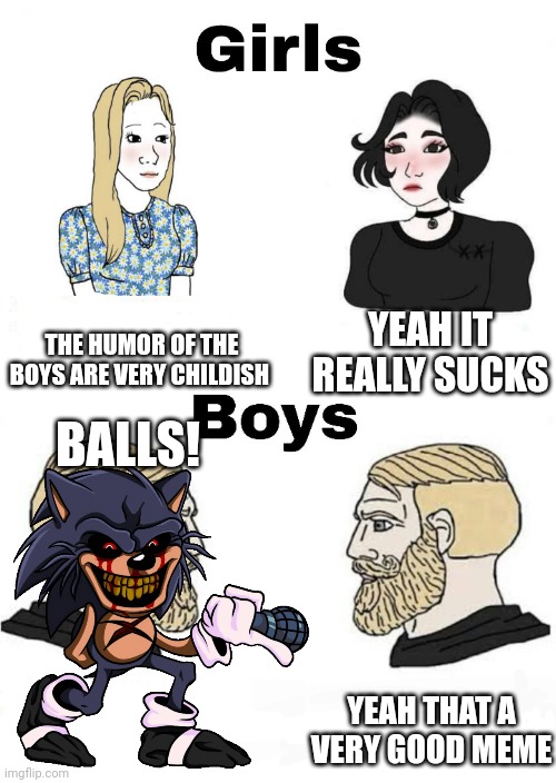 Balls | THE HUMOR OF THE BOYS ARE VERY CHILDISH; YEAH IT REALLY SUCKS; BALLS! YEAH THAT A VERY GOOD MEME | image tagged in girls vs boys,balls,lord x | made w/ Imgflip meme maker