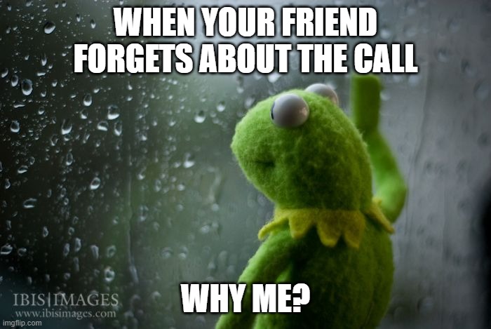 kermit window | WHEN YOUR FRIEND FORGETS ABOUT THE CALL; WHY ME? | image tagged in kermit window | made w/ Imgflip meme maker