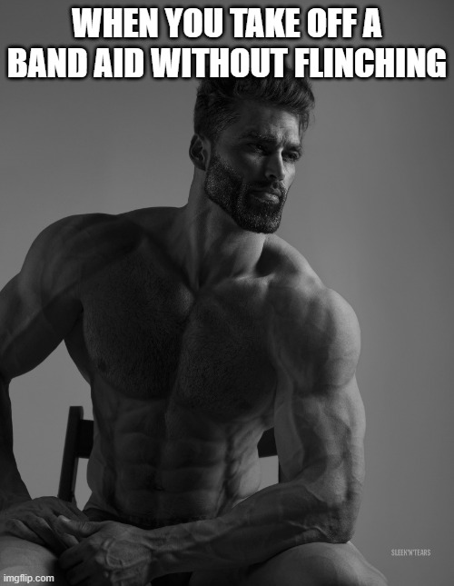 Giga Chad | WHEN YOU TAKE OFF A BAND AID WITHOUT FLINCHING | image tagged in giga chad | made w/ Imgflip meme maker