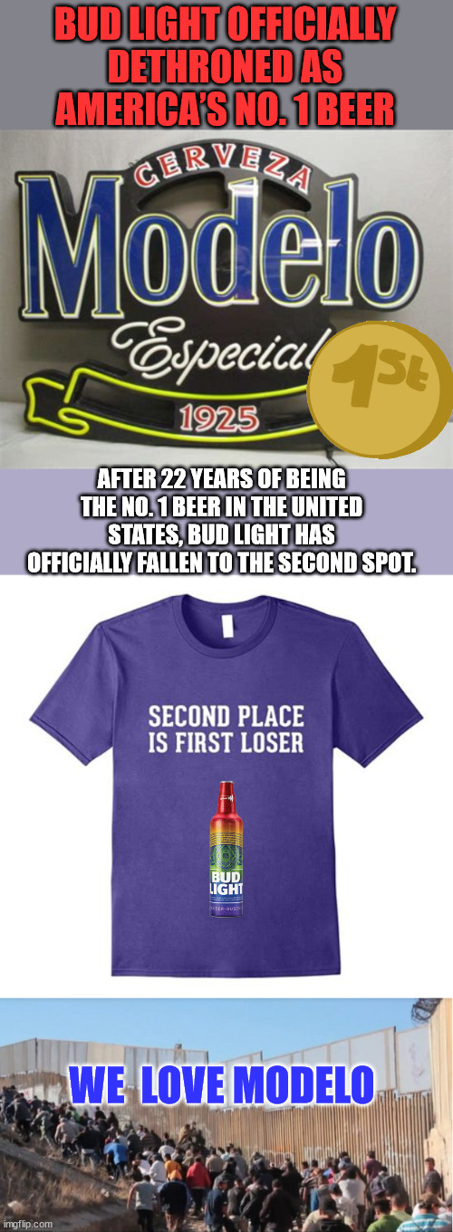 22 years... and all it took was woke ideology to bring it all down... | BUD LIGHT OFFICIALLY DETHRONED AS AMERICA’S NO. 1 BEER; AFTER 22 YEARS OF BEING THE NO. 1 BEER IN THE UNITED STATES, BUD LIGHT HAS OFFICIALLY FALLEN TO THE SECOND SPOT. WE  LOVE MODELO | image tagged in bud light,woke,broke | made w/ Imgflip meme maker