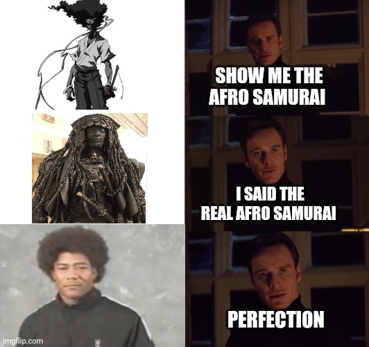 Afro samurai | SHOW ME THE AFRO SAMURAI; I SAID THE REAL AFRO SAMURAI; PERFECTION | image tagged in perfection,samurai | made w/ Imgflip meme maker
