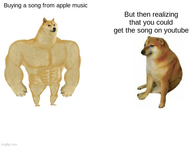 Buff Doge vs. Cheems Meme | Buying a song from apple music; But then realizing that you could get the song on youtube | image tagged in memes,buff doge vs cheems | made w/ Imgflip meme maker
