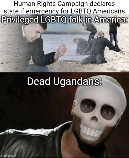 But did you die? | Human Rights Campaign declares state if emergency for LGBTQ Americans; Privileged LGBTQ folk in America:; Dead Ugandans: | image tagged in guy with sand in the hands of despair,memes,kevin hart,lgbtq | made w/ Imgflip meme maker