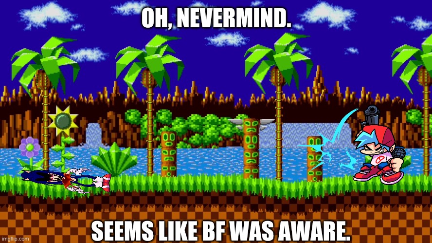 Where did Boyfriend whip that up from? | OH, NEVERMIND. SEEMS LIKE BF WAS AWARE. | image tagged in green hill zone,fnf,cool,nice,epic,ok why are you still reading these tags | made w/ Imgflip meme maker