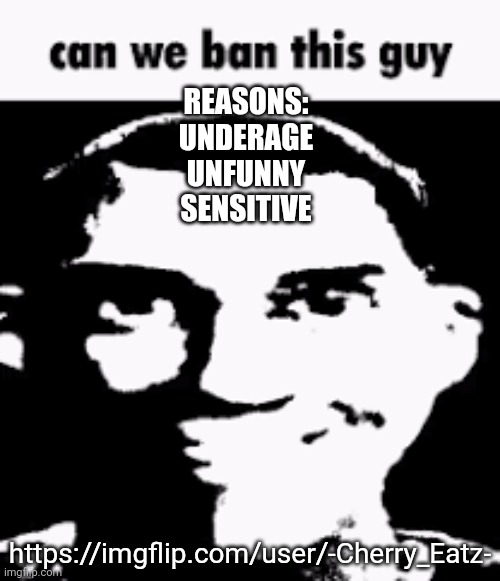 Can we ban this guy | REASONS:
UNDERAGE
UNFUNNY
SENSITIVE; https://imgflip.com/user/-Cherry_Eatz- | made w/ Imgflip meme maker