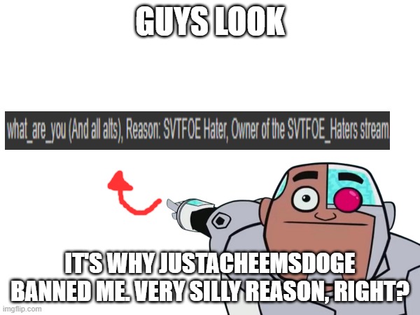 I mean, it's just a silly show | GUYS LOOK; IT'S WHY JUSTACHEEMSDOGE BANNED ME. VERY SILLY REASON, RIGHT? | made w/ Imgflip meme maker