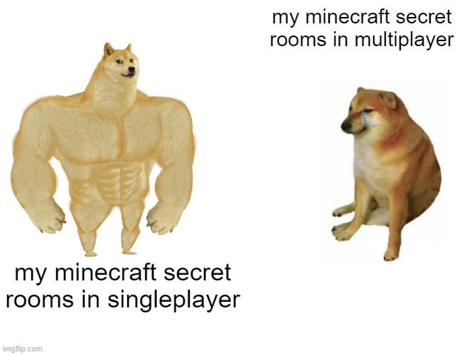single vs multi | my minecraft secret rooms in multiplayer; my minecraft secret rooms in singleplayer | image tagged in memes,buff doge vs cheems,minecraft | made w/ Imgflip meme maker
