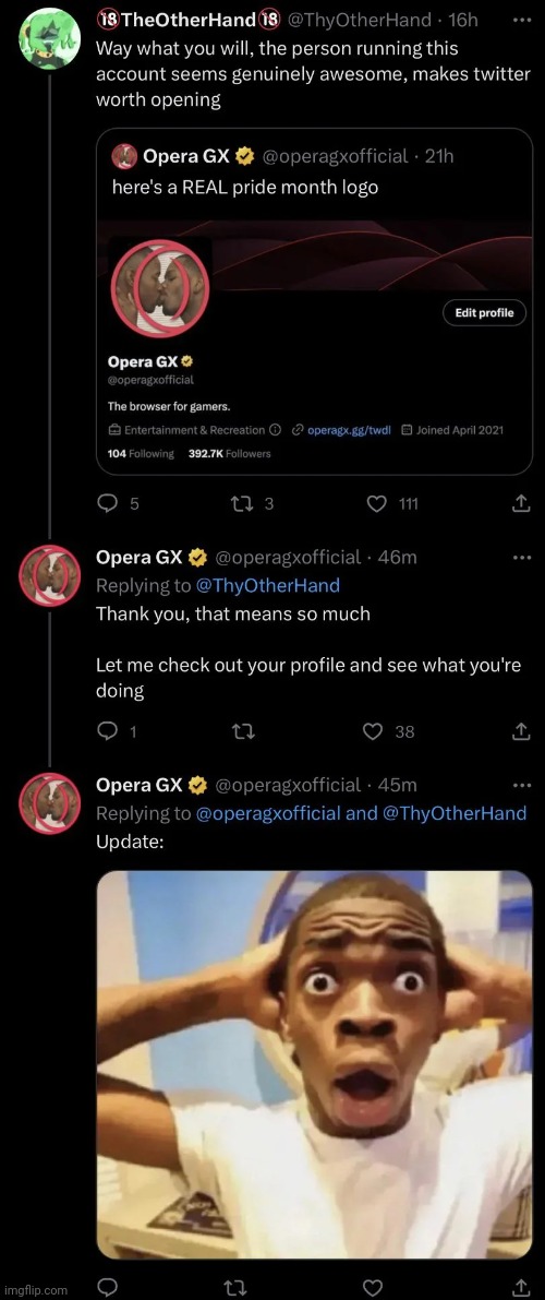 Official Opera GX in shock (there's emoji tiddies on the Twitter) | image tagged in shitpost,in shock,oh wow are you actually reading these tags | made w/ Imgflip meme maker