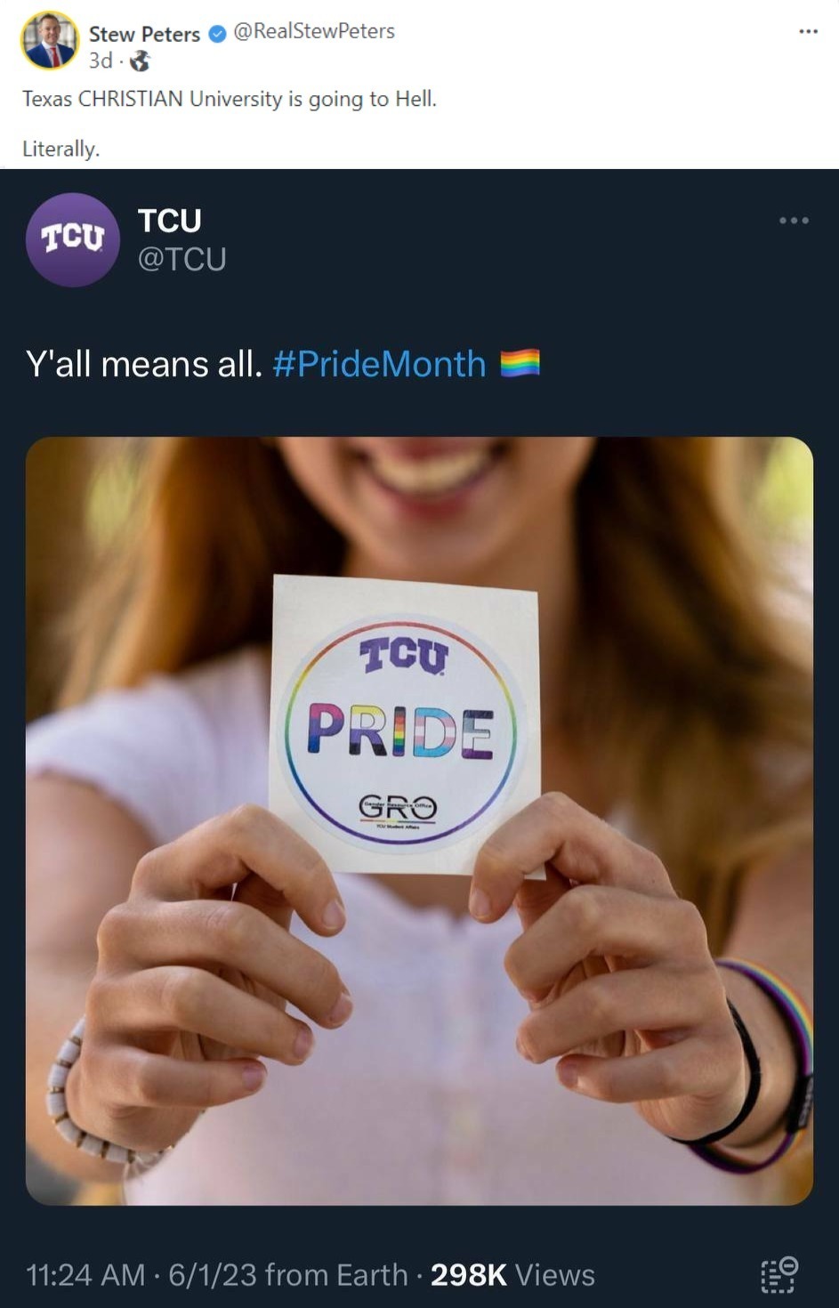 Stew Peters: Texas Christian University is Going to Hell. | image tagged in stew peters,texas christian university,why am i in hell,extra-hell,the boiler room of hell,woke | made w/ Imgflip meme maker