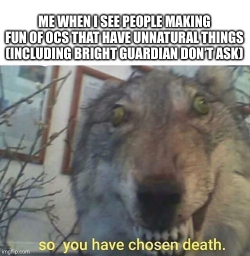 so you have chosen death | ME WHEN I SEE PEOPLE MAKING FUN OF OCS THAT HAVE UNNATURAL THINGS (INCLUDING BRIGHT GUARDIAN DON’T ASK) | image tagged in so you have chosen death | made w/ Imgflip meme maker