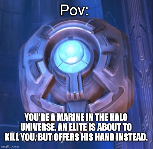 I see you’re a moron | Pov:; YOU'RE A MARINE IN THE HALO UNIVERSE, AN ELITE IS ABOUT TO KILL YOU, BUT OFFERS HIS HAND INSTEAD. | image tagged in i see you re a moron | made w/ Imgflip meme maker