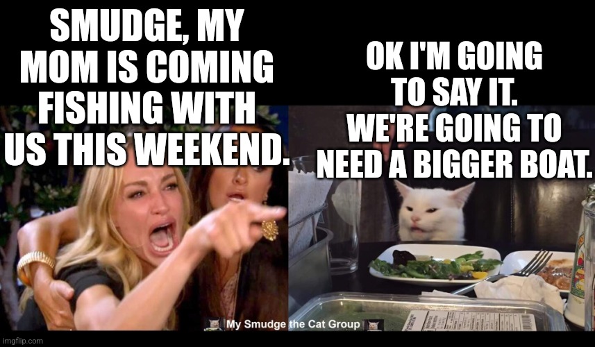 SMUDGE, MY MOM IS COMING FISHING WITH US THIS WEEKEND. OK I'M GOING TO SAY IT. WE'RE GOING TO NEED A BIGGER BOAT. | image tagged in smudge the cat | made w/ Imgflip meme maker