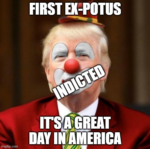 Donald Trump Clown | FIRST EX-POTUS; INDICTED; IT'S A GREAT DAY IN AMERICA | image tagged in donald trump clown | made w/ Imgflip meme maker