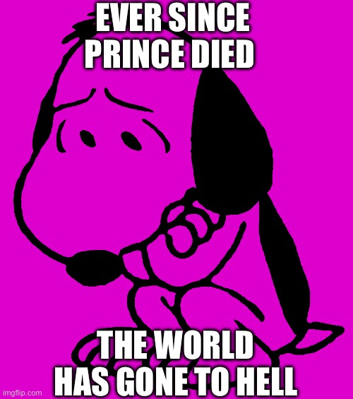 Sad Snoopy Prince | EVER SINCE PRINCE DIED; THE WORLD HAS GONE TO HELL | image tagged in sad snoopy | made w/ Imgflip meme maker