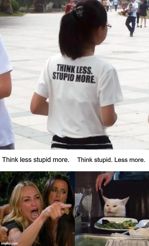*visible confusion* | Think less stupid more. Think stupid. Less more. | image tagged in memes,woman yelling at cat,funny | made w/ Imgflip meme maker