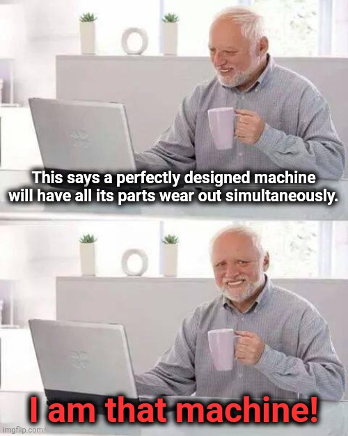 Getting old sucks! | This says a perfectly designed machine will have all its parts wear out simultaneously. I am that machine! | image tagged in memes,hide the pain harold,machine,getting old,wear out simultaneously | made w/ Imgflip meme maker