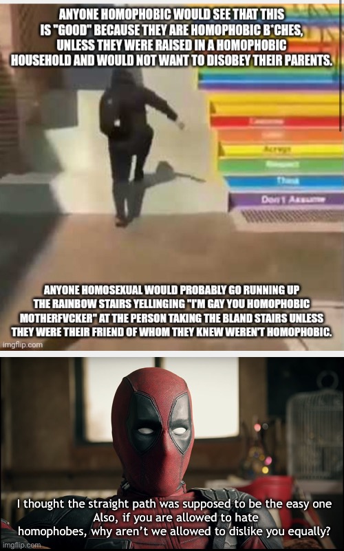 I thought the straight path was supposed to be the easy one 
Also, if you are allowed to hate homophobes, why aren’t we allowed to dislike you equally? | image tagged in deadpool reaction | made w/ Imgflip meme maker