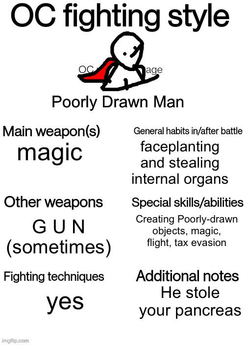yes | Poorly Drawn Man; faceplanting and stealing internal organs; magic; Creating Poorly-drawn objects, magic, flight, tax evasion; G U N (sometimes); He stole your pancreas; yes | image tagged in oc fighting style | made w/ Imgflip meme maker