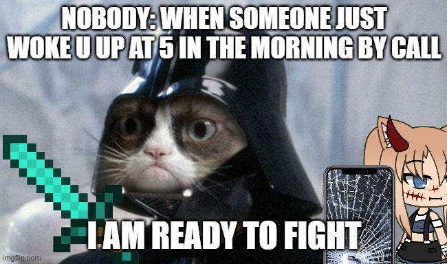 Grumpy Cat Star Wars | NOBODY: WHEN SOMEONE JUST WOKE U UP AT 5 IN THE MORNING BY CALL; I AM READY TO FIGHT | image tagged in memes,grumpy cat star wars,grumpy cat | made w/ Imgflip meme maker