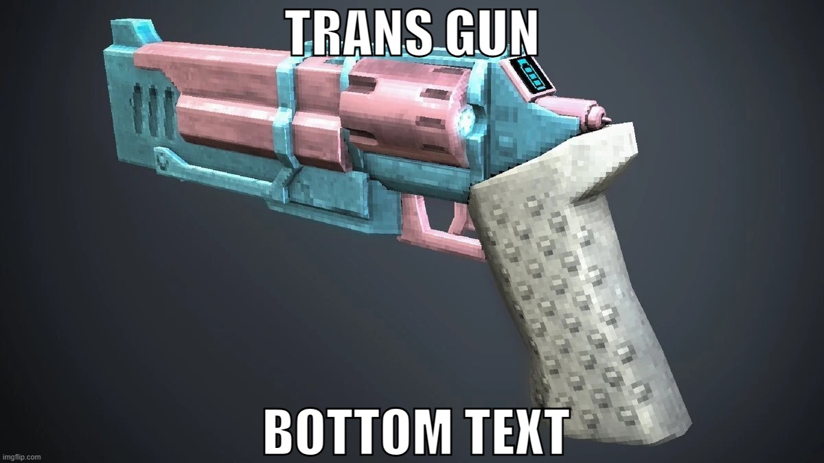 TRANS GUN; BOTTOM TEXT | image tagged in ultrakill,gaymer,guns | made w/ Imgflip meme maker