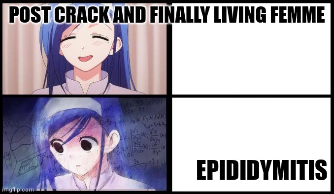 Anime Confused Math Meme | POST CRACK AND FINALLY LIVING FEMME; EPIDIDYMITIS | image tagged in anime confused math meme | made w/ Imgflip meme maker