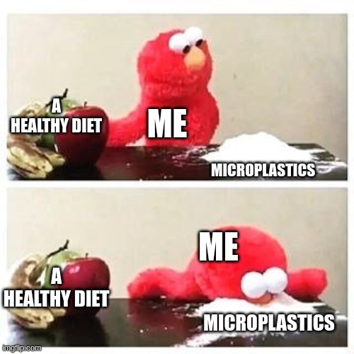 I LOVE MICROPLASTICS | A HEALTHY DIET; ME; MICROPLASTICS; ME; A HEALTHY DIET; MICROPLASTICS | image tagged in elmo cocaine | made w/ Imgflip meme maker