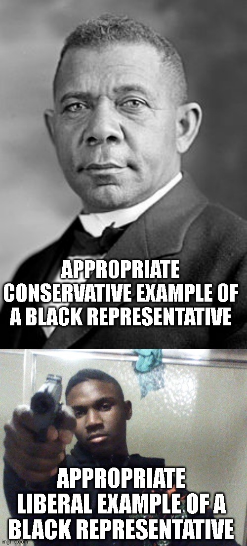 APPROPRIATE CONSERVATIVE EXAMPLE OF A BLACK REPRESENTATIVE APPROPRIATE LIBERAL EXAMPLE OF A BLACK REPRESENTATIVE | image tagged in booker t washington,ghetto thug | made w/ Imgflip meme maker