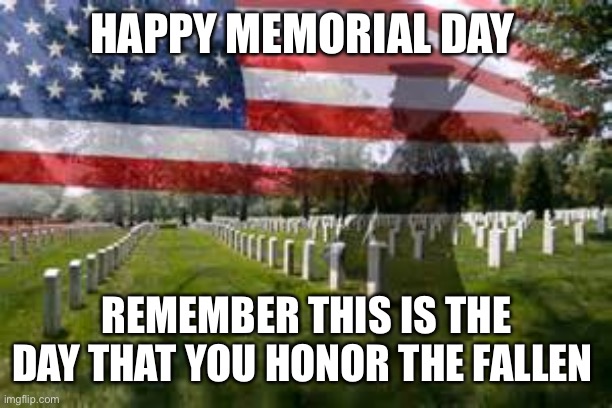 Memorial Day | HAPPY MEMORIAL DAY; REMEMBER THIS IS THE DAY THAT YOU HONOR THE FALLEN | image tagged in memorial day | made w/ Imgflip meme maker