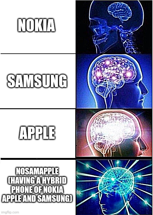 I do not know why i made this | NOKIA; SAMSUNG; APPLE; NOSAMAPPLE (HAVING A HYBRID PHONE OF NOKIA APPLE AND SAMSUNG) | image tagged in memes,expanding brain,phone | made w/ Imgflip meme maker