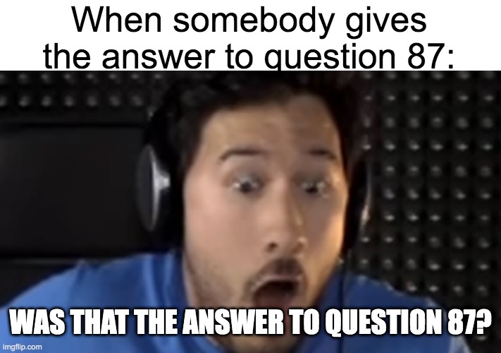 It was indeed the answer | When somebody gives the answer to question 87:; WAS THAT THE ANSWER TO QUESTION 87? | image tagged in was that the bite of '87,memes,question,questions,markiplier,why are you reading this | made w/ Imgflip meme maker