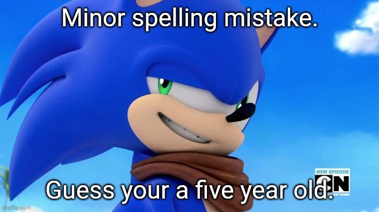 Minor spelling mistake. Guess your a five year old. | image tagged in sonic meme | made w/ Imgflip meme maker