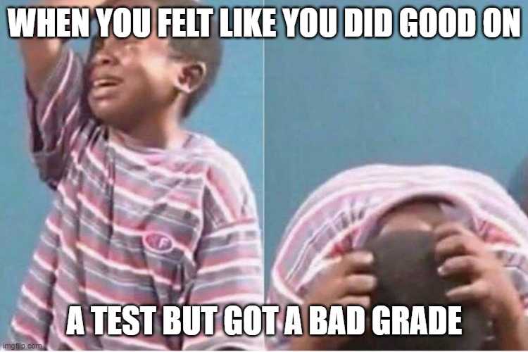 Crying kid | WHEN YOU FELT LIKE YOU DID GOOD ON; A TEST BUT GOT A BAD GRADE | image tagged in crying kid | made w/ Imgflip meme maker
