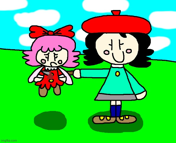 Adeleine stabbed Ribbon with a very sharp knife | image tagged in kirby,gore,fanart,cute,parody,blood | made w/ Imgflip meme maker